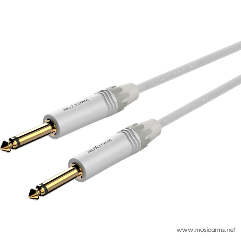 Stereo 3.5mm audio cable with two gold-plated plug connectors and white/gray casing (brand: RocTone) ขายราคาพิเศษ