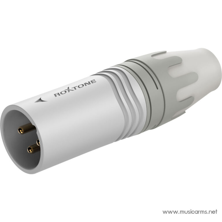 White 3‑pin circular XLR‑style connector plug with ridged grip, shown from the side (brand RoXTONE). ขายราคาพิเศษ