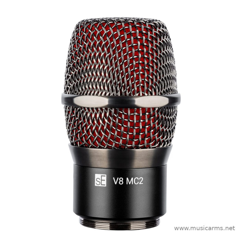 Close-up of a black sE V8 MC2 dynamic microphone with a red metal mesh grille visible through the head. ขายราคาพิเศษ