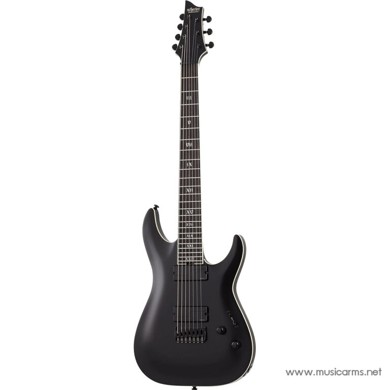 Black Schecter electric guitar with a matte finish, white binding, and dual humbucker pickups on a white background. ขายราคาพิเศษ