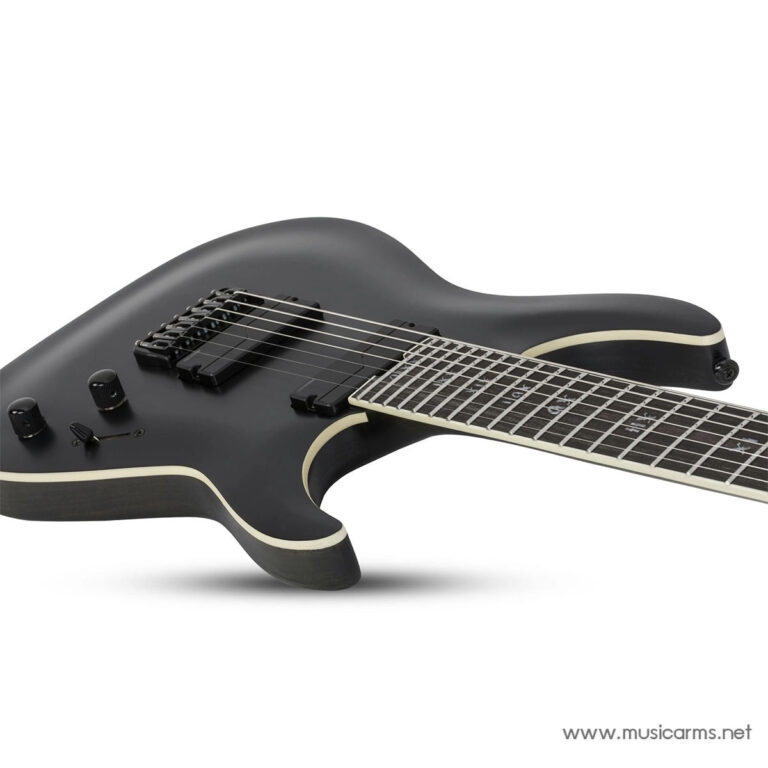Close-up view of a sleek black electric guitar with dual humbucker pickups and white binding along the body edge ขายราคาพิเศษ