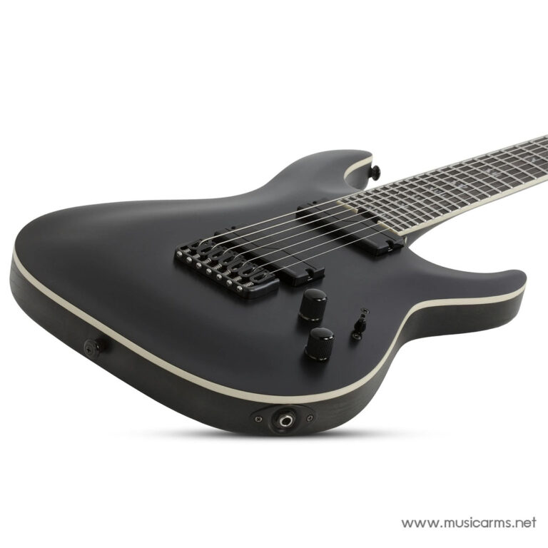 Black solid-body electric guitar with white binding, two humbucker pickups, and a modern tremolo bridge on a white backdrop ขายราคาพิเศษ