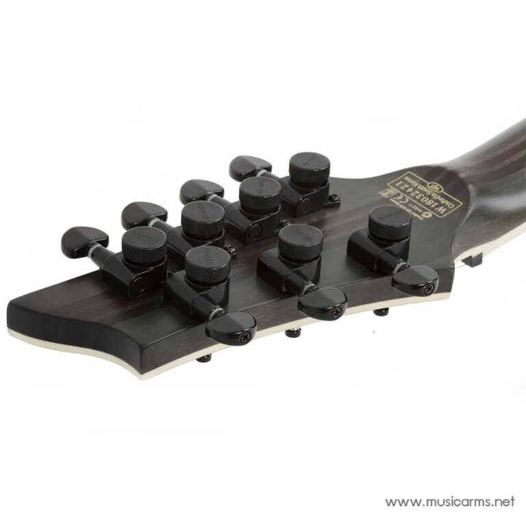 Close-up of a guitar headstock with multiple black tuning pegs and a brand badge visible on the neck. wonk watermark www.musicarms.net ขายราคาพิเศษ
