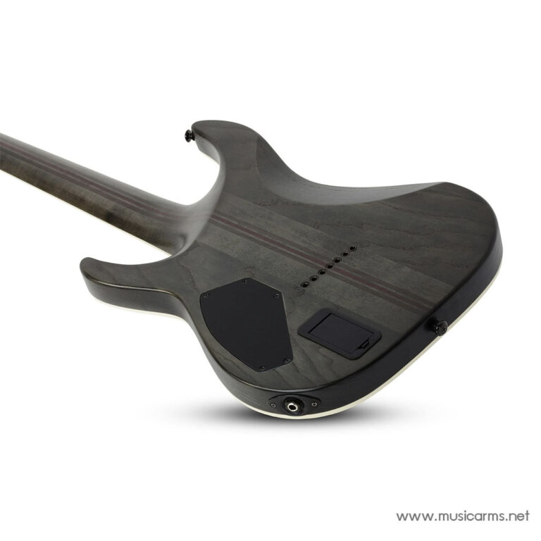 Electric guitar body lying on its side with neck extending to the left, dark striped wood finish and rear control plates visible. ขายราคาพิเศษ