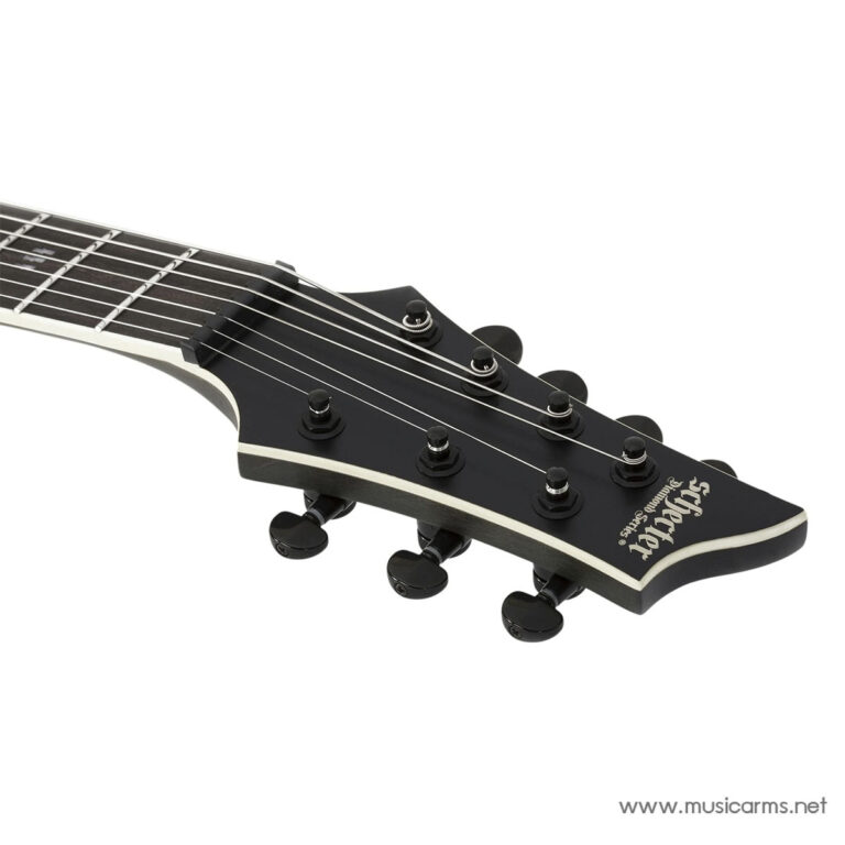 Close-up of a black electric guitar headstock with six tuning pegs and strings, brand logo visible on the headstock. ขายราคาพิเศษ