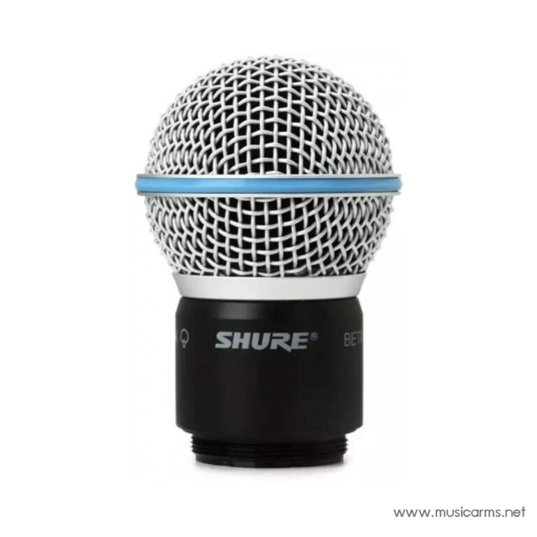 Close-up of a Shure microphone head with a silver mesh grille and a blue ring, black base with SHURE logo. ขายราคาพิเศษ