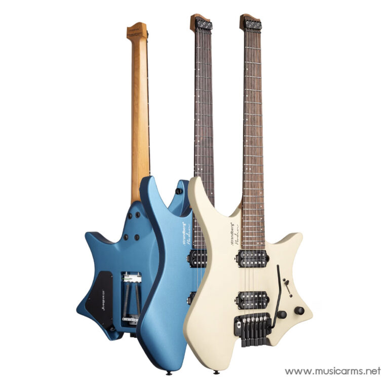 Three electric guitars in blue, cream, and natural finishes arranged together on a white studio background. ขายราคาพิเศษ