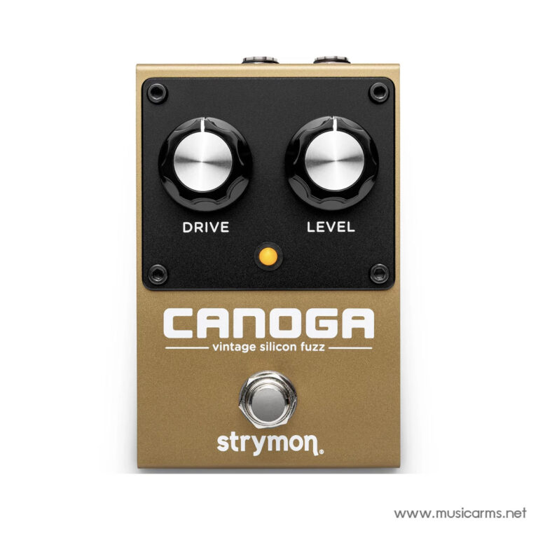 Strymon Canoga vintage silicon fuzz guitar pedal front with two black knobs labeled Drive and Level and an orange status LED, gold finish. ขายราคาพิเศษ