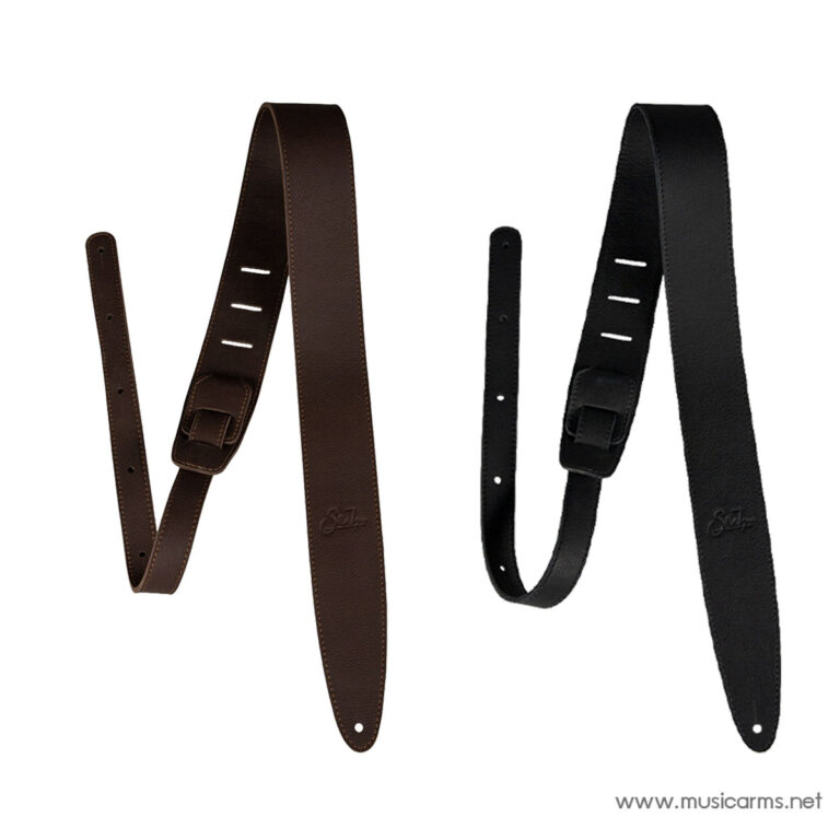 Pair of brown and black leather guitar straps with adjustable buckles and multiple holes for length adjustment ขายราคาพิเศษ