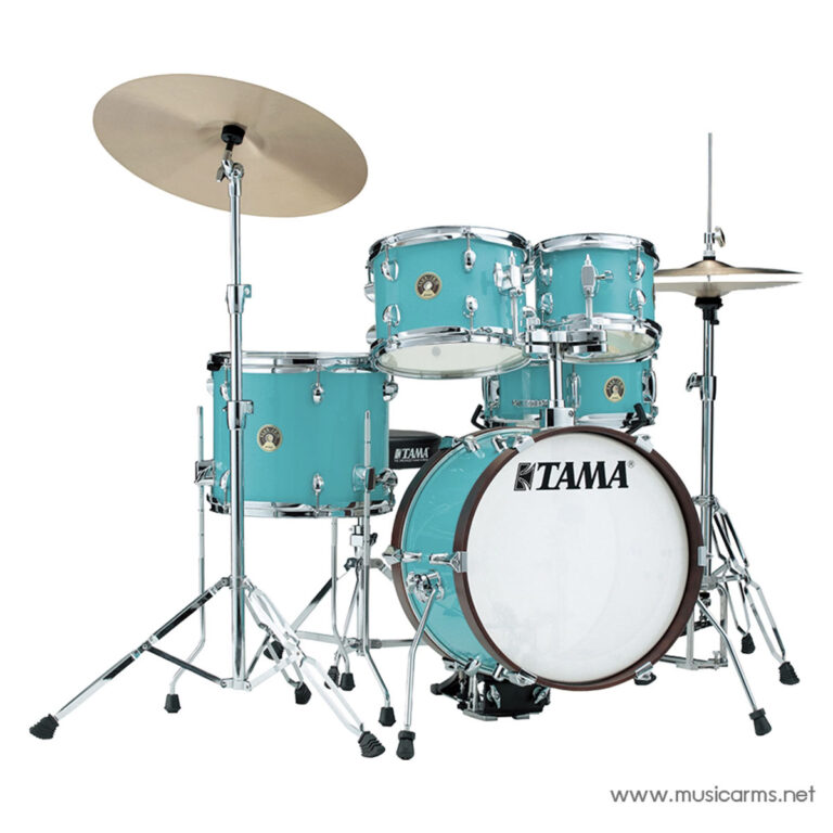 Turquoise Tama drum kit with bass drum, toms, snare, hihat, and cymbals set up for a performance ขายราคาพิเศษ