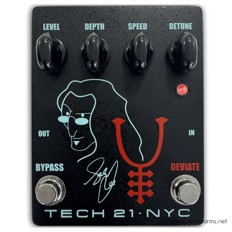 Guitar effects pedal with four knobs labeled Level, Depth, Speed, and Detune; red LED lit on the right. Out and In labels on sides, Bypass and Deviate footswitches at bottom corners. Tech 21 NYC branding and a blue line-art portrait with a red symbol in the center. ขายราคาพิเศษ