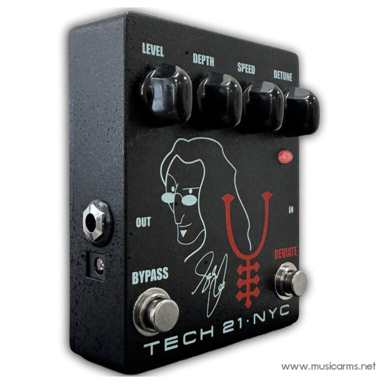 Guitar effects pedal with four knobs (Level, Depth, Speed, Detune), black metal case, red symbol and line-art logo, bypass switch bottom left, TECH 21 NYC branding at bottom. ขายราคาพิเศษ