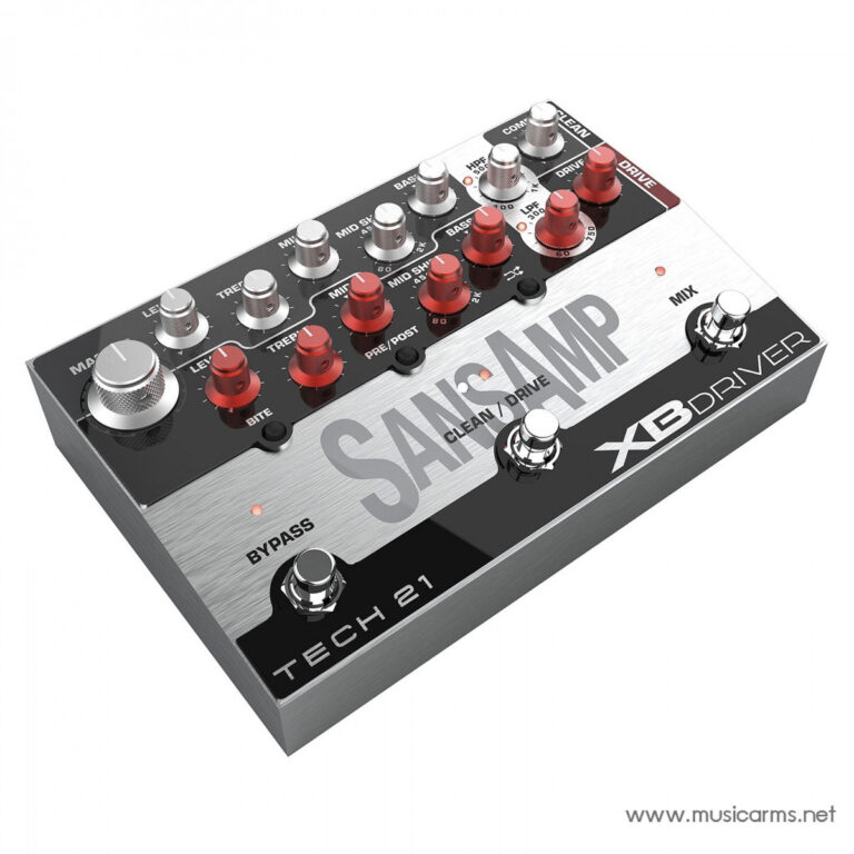Tech 21 SansAmp X-Driver guitar preamp pedal with silver brushed metal face, red and silver knobs. ขายราคาพิเศษ