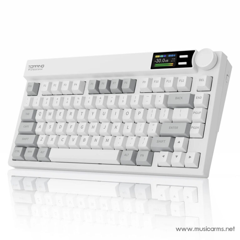 White mechanical-style keyboard with a small top-right display and a large round volume knob, on a reflective surface. ขายราคาพิเศษ