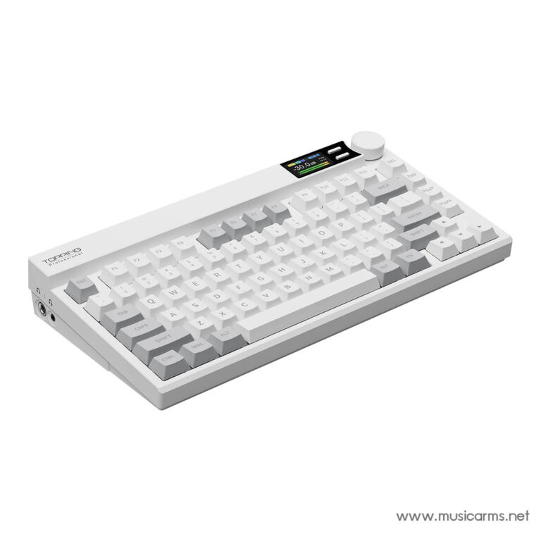 White mechanical keyboard with gray and white keycaps, compact layout, and a small LCD display with a round knob on the top-right corner ขายราคาพิเศษ