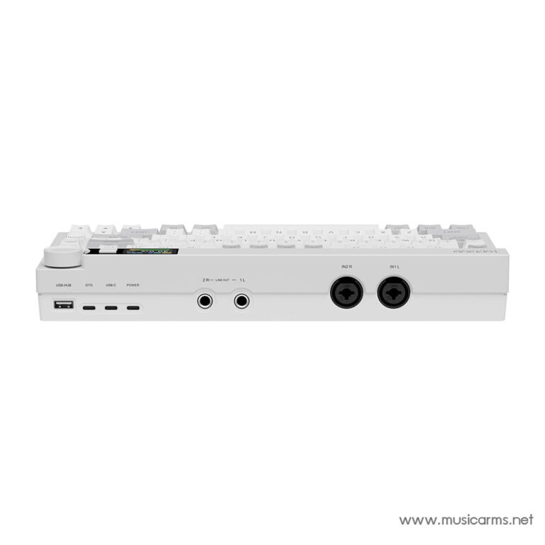 White USB audio interface/midi hub with multiple ports on the back, including USB, USB-C, power, and two round 5-pin MIDI inputs labeled IN2 R and IN1 L. ขายราคาพิเศษ