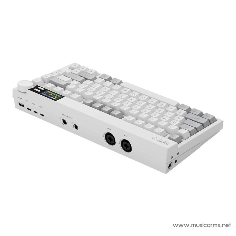 White compact MIDI keyboard with gray keys, built-in display, and multiple I/O ports along the side for connectivity (audio/MIDI). ขายราคาพิเศษ