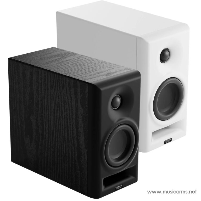 Pair of black and white bookshelf speakers (studio monitors) shown from front-left, with visible woofers and tweeters. ขายราคาพิเศษ