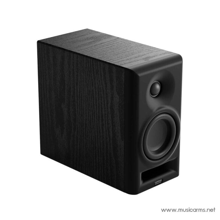 Black subwoofer with wood-grain cabinet, front-facing large woofer and bass port, angled slightly to the left. ขายราคาพิเศษ