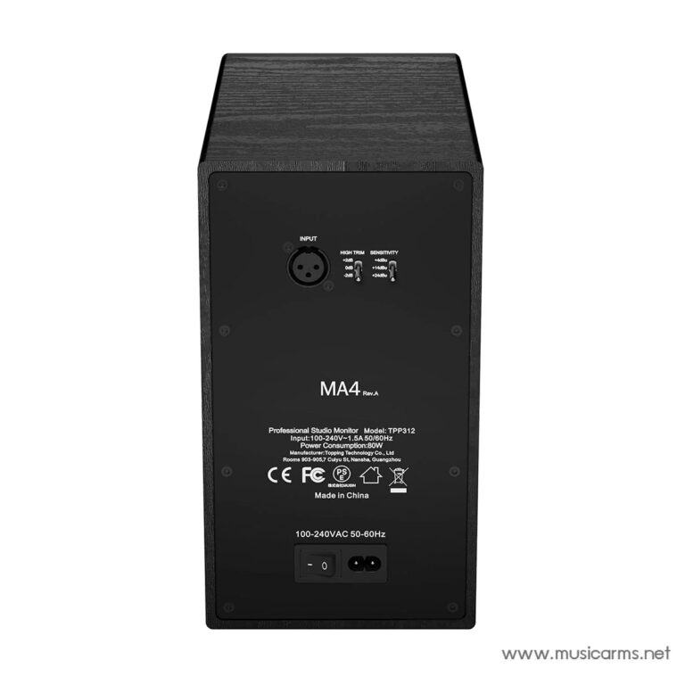 Rear view of a black MA4 Rev A professional studio monitor; shows XLR input, small high/low trim switches, and power socket with IEC inlet and switch. ขายราคาพิเศษ