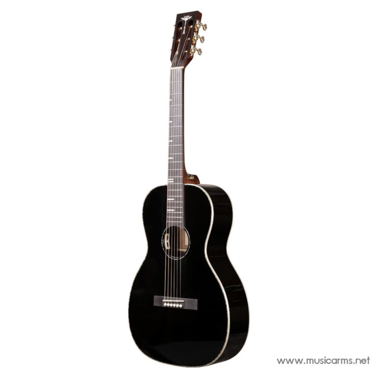 Black glossy acoustic guitar with six steel strings and a round soundhole, standing upright against a white background. ขายราคาพิเศษ