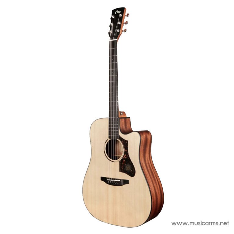 Natural wood acoustic guitar with a cutaway body, light top, dark pickguard, and steel strings going to a dark neck and headstock. ขายราคาพิเศษ