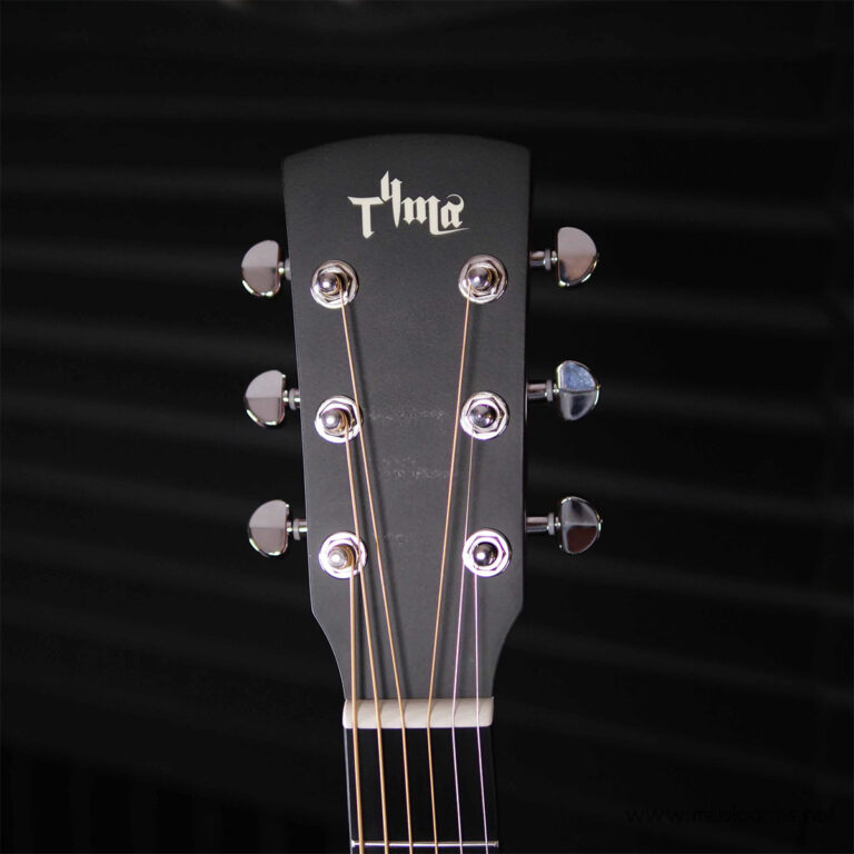 Close-up of a black guitar headstock with six chrome tuning pegs and copper strings; logo reads 'Yma' at the top. ขายราคาพิเศษ