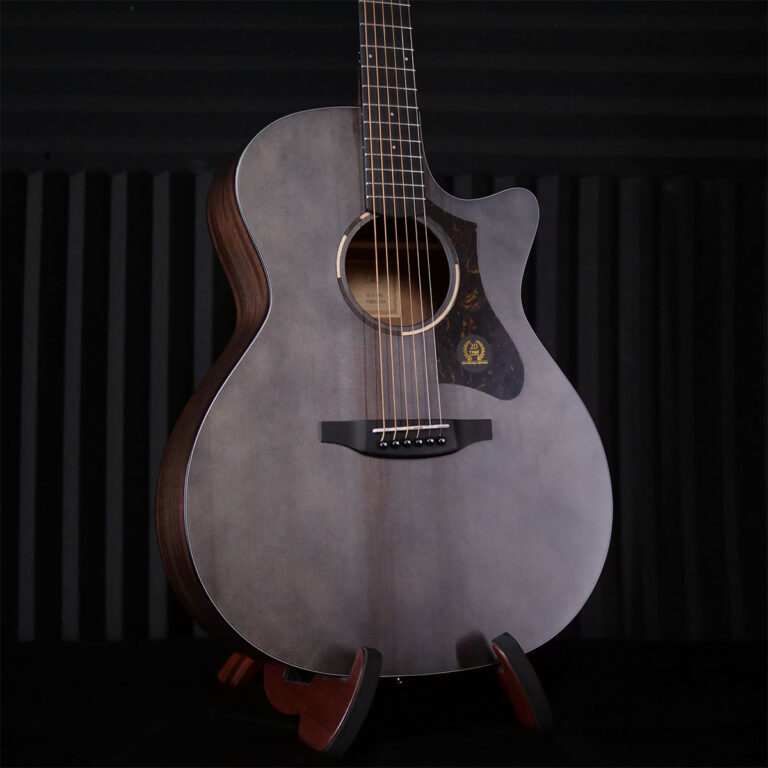 Gray acoustic guitar on a stand in a dark studio setting, with a tortoiseshell pickguard and circular soundhole rosette. ขายราคาพิเศษ