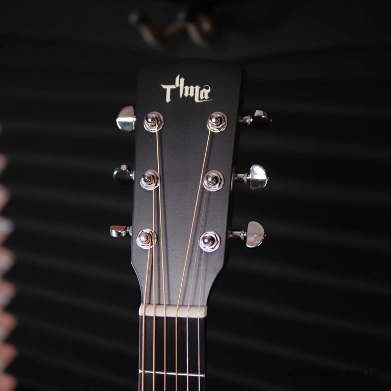Close-up of a black guitar headstock with six tuning pegs and strings, brand logo visible against a dark background. ขายราคาพิเศษ