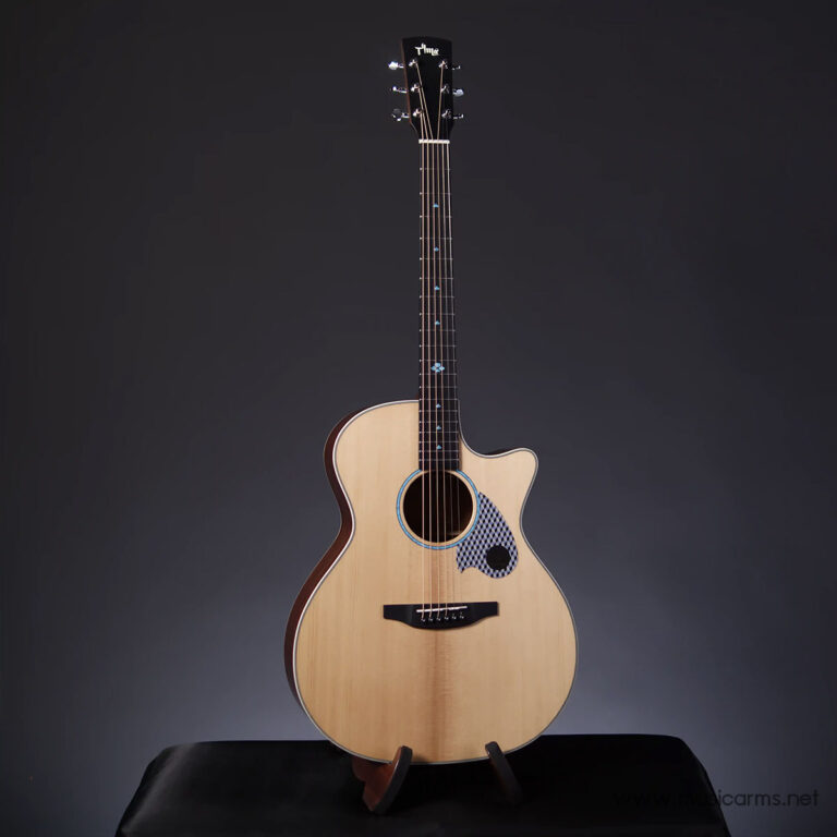 Light-colored acoustic guitar with a cutaway on a stand against a dark gradient background, showing the sound hole, rosette, and blue-patterned guard near the pickguard. ขายราคาพิเศษ