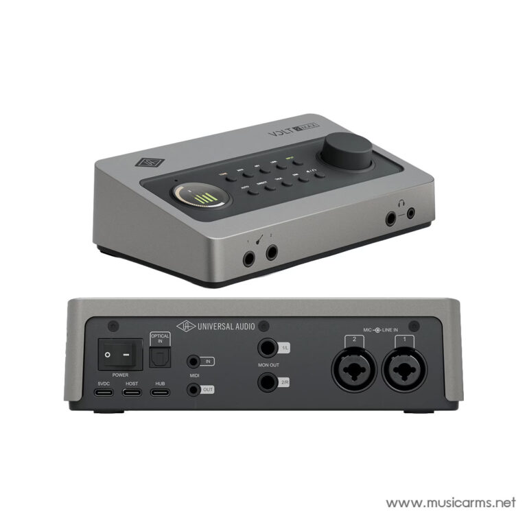 Universal Audio Volt two‑channel USB audio interface: front panel with gain controls and large master dial; back panel includes MIDI I/O, two XLR/¼" combo inputs, power and USB ports. ขายราคาพิเศษ