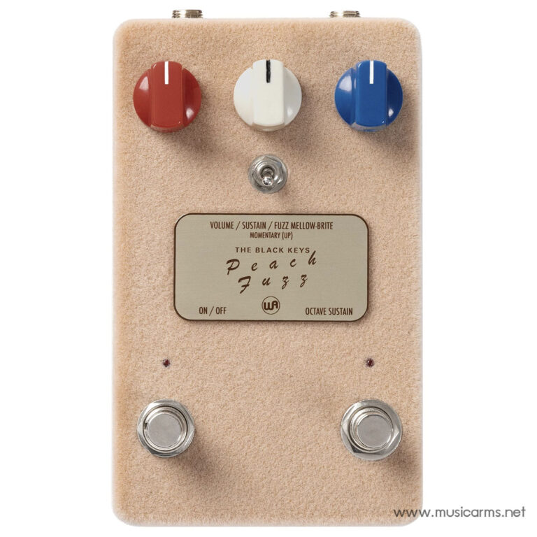 Beige fuzzy guitar pedal with red, white, and blue knobs at top, metal switch in center, gold label reading 'Peach Fuzz' and two footswitches at bottom ขายราคาพิเศษ