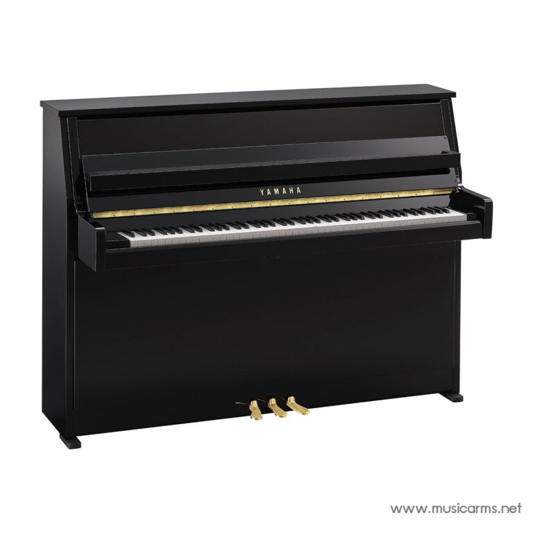 Black upright Yamaha piano with gold pedals and a full 88-key keyboard against a white background ขายราคาพิเศษ