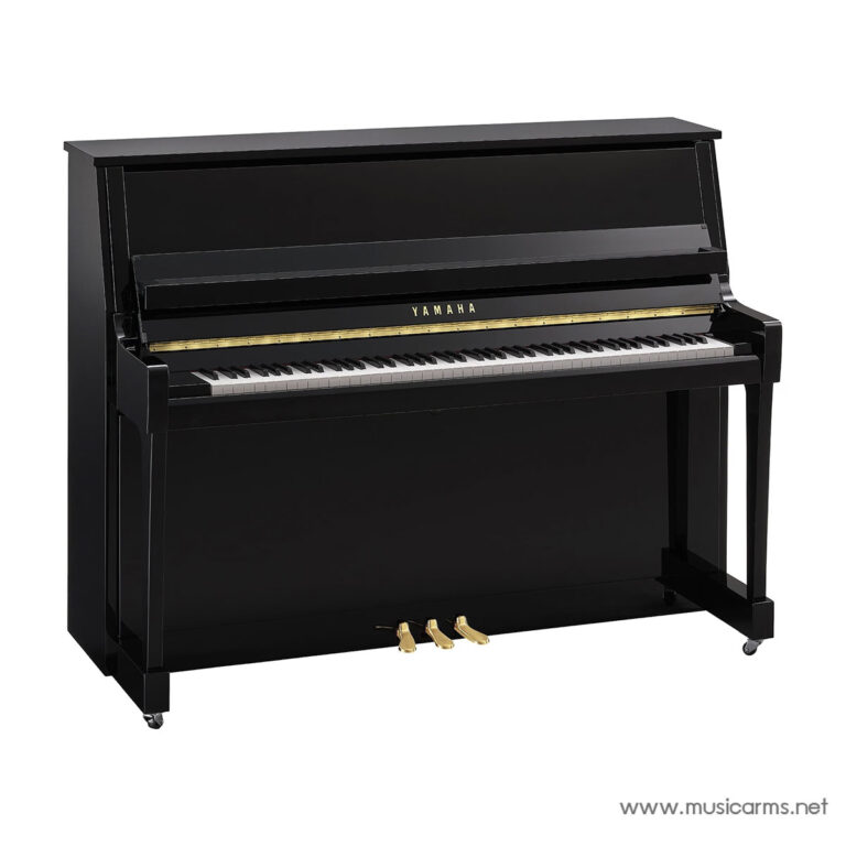 Black Yamaha upright piano with a closed lid, gold logo, and three pedals on a black stand. ขายราคาพิเศษ