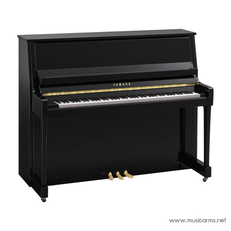 Black Yamaha upright piano with a closed lid, white–black keyboard, and gold pedals visible at the bottom. ขายราคาพิเศษ
