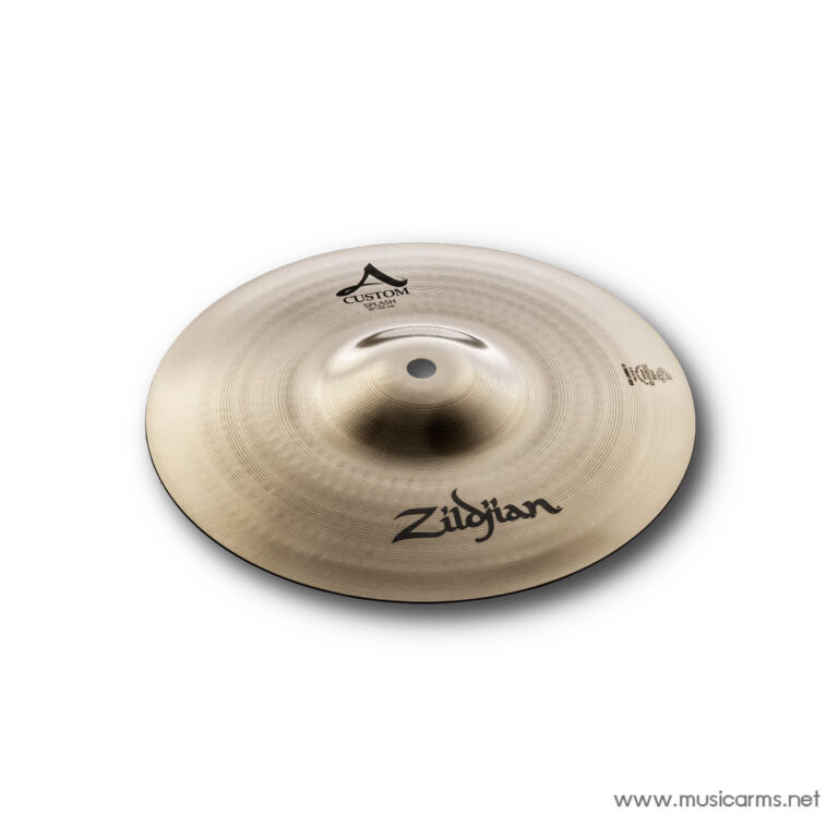 Top view of a gold-bronze Zildjian splash cymbal with concentric lathed circles and the Zildjian logo on a white background. ขายราคาพิเศษ