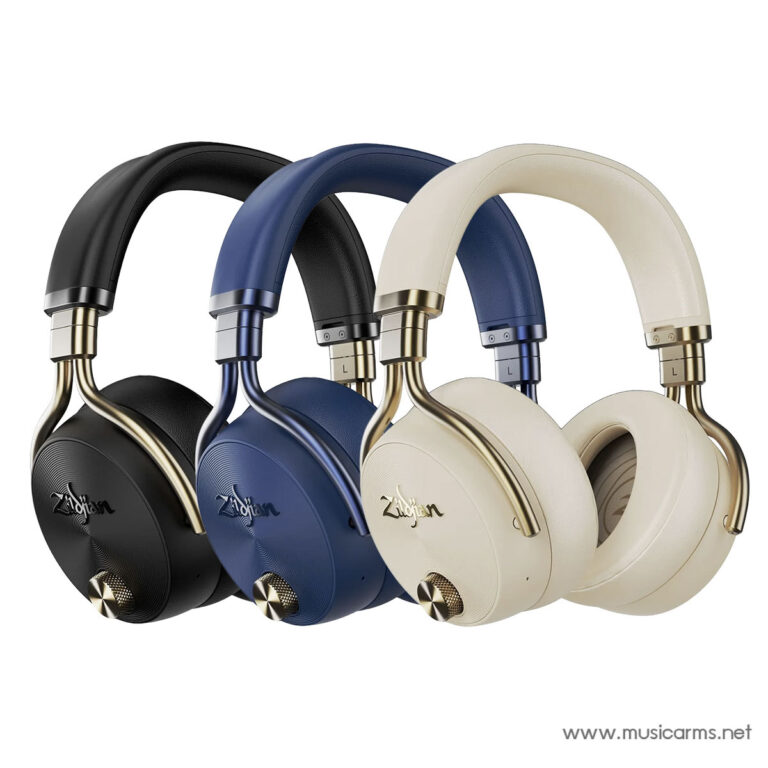 Row of four over-ear headphones in black, blue, and cream colors, arranged side by side on a white background. ขายราคาพิเศษ