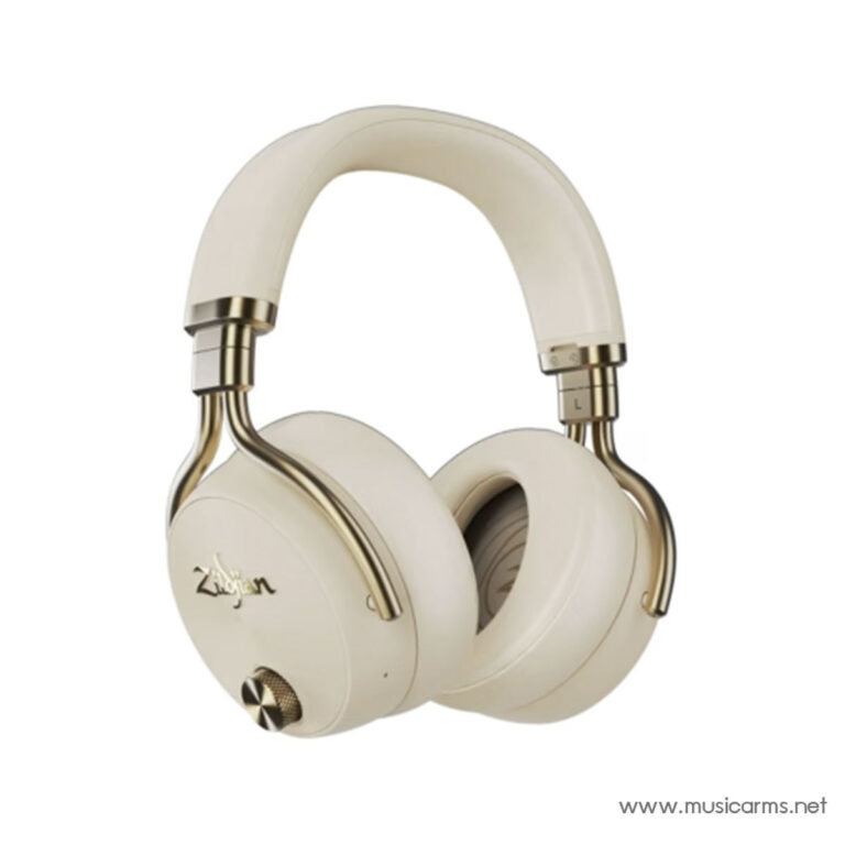 Over-ear cream-colored headphones with gold metal accents and brand logo on the earcup at left side, watermark musicarms.net ขายราคาพิเศษ