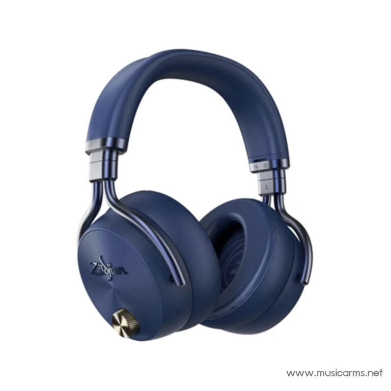 Blue over-ear headphones with metal accents and a gold knurled volume dial, front view. ขายราคาพิเศษ