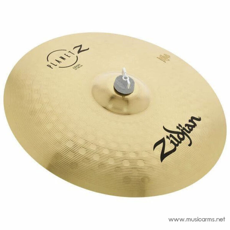 Gold Zildjian cymbal with logo visible, close-up of the instrument surface and mounting hole. ขายราคาพิเศษ