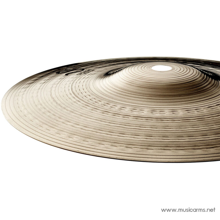 Close-up of a bronze cymbal with concentric grooves and a central hole, isolated on white. ขายราคาพิเศษ