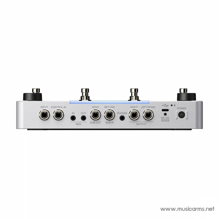 Rear panel of a silver audio interface with multiple 1/4-inch jacks for input, control, MIDI, send/return, and stereo outputs; includes headphones output and power switch with DC 5V label. ขายราคาพิเศษ