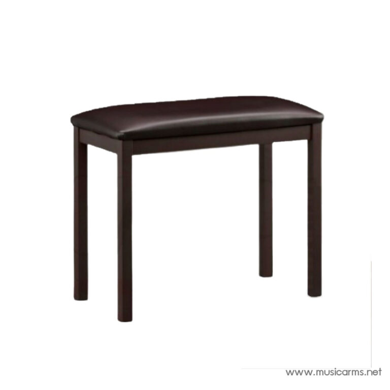 Dark brown wooden piano bench with a burgundy cushioned, curved top. ขายราคาพิเศษ